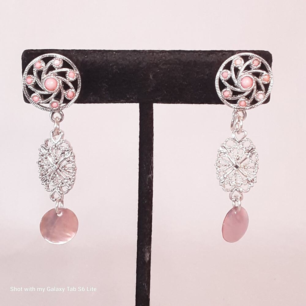 Silver Tone Filigree Dangle Drop Earrings Tiny Pink Stones